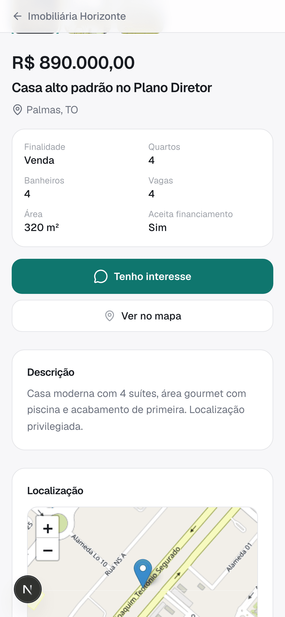 Anúncio de imóvel com ficha técnica e mapa