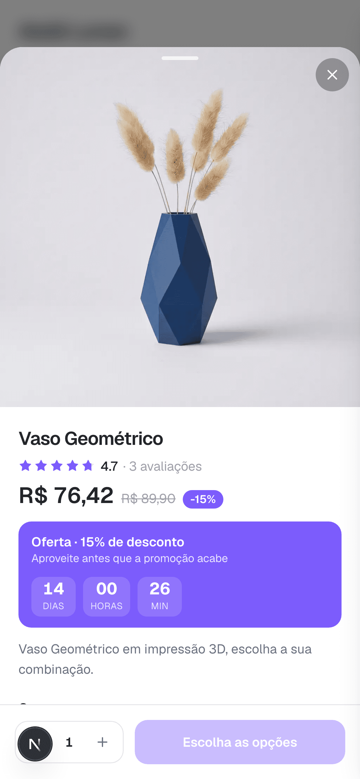 Produto com escolha de cor e tamanho